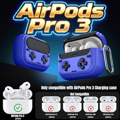 Getino Retro Game Case for AirPods Pro 3 | Game Console Design Protective Cover with Foldable Stand, Secure Lock Anti-Drop Shockproof PC+TPU Case, Keychain & Cleaning Kit for Men & Boys, Blue - color: Blue
