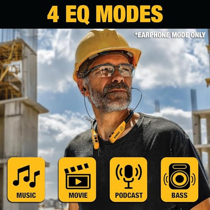 DEWALT 튼튼한 투인원 넥밴드 블루투스 헤드폰, 내장 스피커 포함, Jobsite 웨어러블 스피커 및 어라운드 넥 헤드폰, 무선 블루투스 헤드셋, 60시간 이상 핸즈프리 음악/통화, 휴대용 파우치 - color: 옐로우와 블랙.
