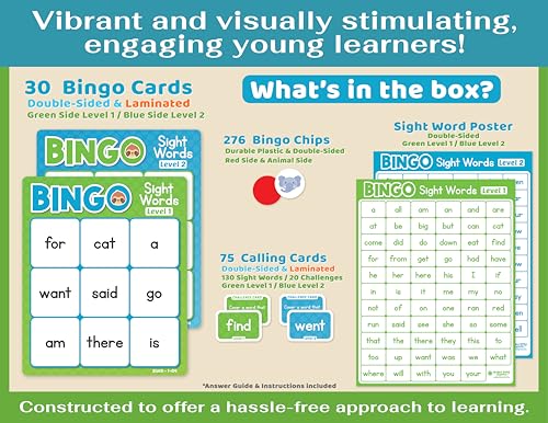 Bright Seed Sight Words Bingo Game, Learn to Read - Level 1 & 2 | Kindergarten Reading Skills, Laminated for Repeated Use, Fun Family & Classroom Game, Supports Early Reading Success