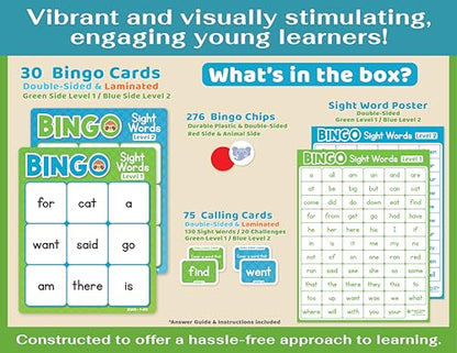 Bright Seed Sight Words Bingo Game, Learn to Read - Level 1 & 2 | Kindergarten Reading Skills, Laminated for Repeated Use, Fun Family & Classroom Game, Supports Early Reading Success