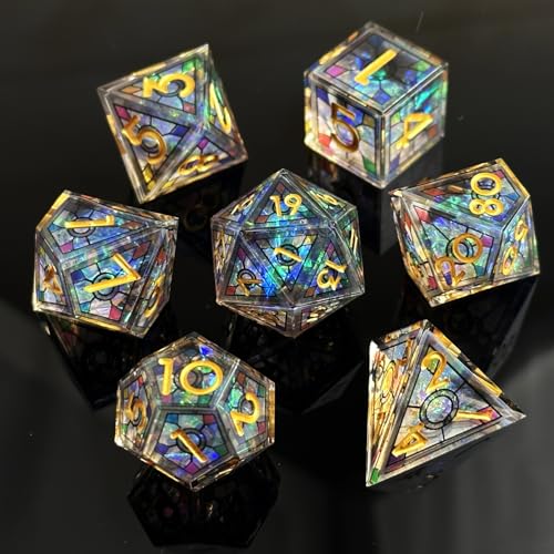 HAOMEJA Double Layered Resin Dice Set 7pcs/ Stained Glass Effect & Gold Numbers/Sharp Edged Polyhedral Dice/Apply to D&D/DND/Role Playing Game/RPG/Party Gift (Black Sky) - color: 1 Black Sky