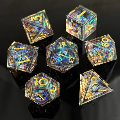 HAOMEJA Double Layered Resin Dice Set 7pcs/ Stained Glass Effect & Gold Numbers/Sharp Edged Polyhedral Dice/Apply to D&D/DND/Role Playing Game/RPG/Party Gift (Black Sky) - color: 1 Black Sky