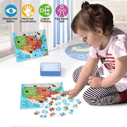 LELEMON Puzzles for Kids Ages 4-6,Animal Map 100 Piece Puzzles for Kids Ages 4-8 in a Metal Box, Educational Jigsaw Puzzles 100 Piece Puzzle Games Puzzle Toys for Girls and Boys - color: Animal Map