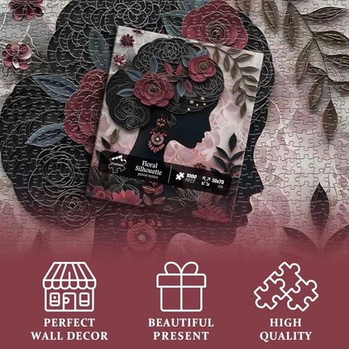 Impossible Puzzle for Adults 1000 Pieces, Black Girl Puzzles Flower Plant Aesthetic Art, Floral Elegant Black Woman Jigsaw Puzzle Paper Cut - style: Floral Silhouette Puzzle