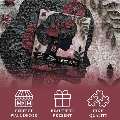 Impossible Puzzle for Adults 1000 Pieces, Black Girl Puzzles Flower Plant Aesthetic Art, Floral Elegant Black Woman Jigsaw Puzzle Paper Cut - style: Floral Silhouette Puzzle