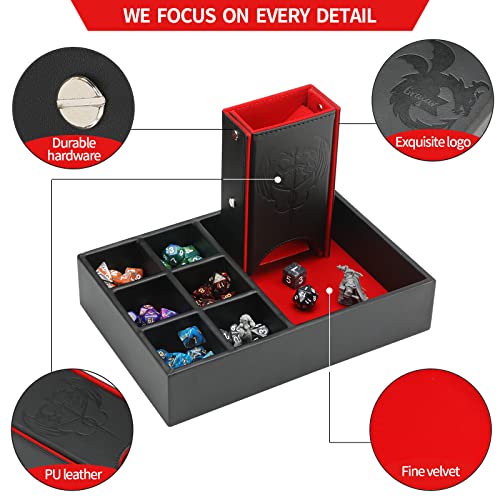 Grajar DND Dice Tray and Tower: Portable Dice Storage with Lid for Dungeons and Dragons, D&D, RPG, MTG & Table Games (Red) - color: Red