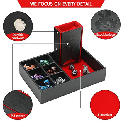 Grajar DND Dice Tray and Tower: Portable Dice Storage with Lid for Dungeons and Dragons, D&D, RPG, MTG & Table Games (Red) - color: Red
