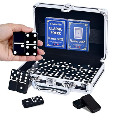 Doublefan Jumbo Black Double Six Dominoes for Adults, with Aluminum Case | 28 Black Jumbo Size Pieces, recessed markings, Carry Aluminum case, for 2-4 players, board game, Parent Gift choice