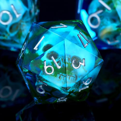 Froggod Blue Moss & Skull DND Dice Set with Gift Box for DND RPG, 7Pcs | Blue resin DND role playing dice with moss skull design and sharp edges for MTG, tabletop games and collectors - color: Blue