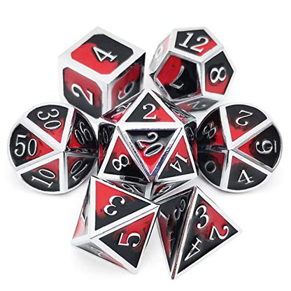 Haxtec Metal DND Dice Set Silver Red Black Enamel Vampire D&D Dice with Leather Dice Bag Compatible with Dungeons and Dragons TTRPG Gift for DND Lovers Players Masters | Silver Edge D&D Dice with Leather Bag, Compatible with Dungeons and Dragons, Vampire