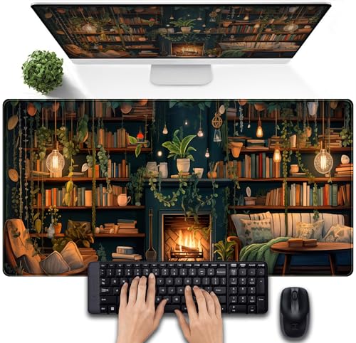 Large Mouse Pad Cozy Library, Extended Full Desk Mouse Mat Gaming Desktop Pad, Computer Keyboard Mat XXL, Vintage Office Decor Desk Laptop Cover Mat Big, Aesthetic Desk Accessories 31.5x15.7 Inch - color: Boho & Fireplace
