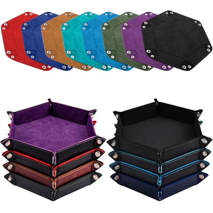 SIQUK 8 Pieces Dice Tray Hexagon Folding Dice Rolling Tray PU Leather Dice Trays Dice Holder Storage Box for D&D RPG Dice Games (Red, Royal Blue, Violet, Black, Camel，Cyan，Sky Blue，Dark Green) - color: Red,darkblue,violet,black,camel,cyan,skyblue,green