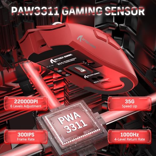 ATTACK SHARK X11 59g Lightweight Wireless Gaming Mouse with RGB Magnetic Charging Dock,PixArt PAW3311,Tri-Mode-BT/2.4G Wireless/Wired Mouse,22000 DPI,5 Programmable Buttons for Pc/Mac(Red) - color: red