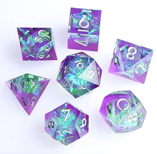 Sharp Edge DND Dice Set Handmade 7 Accessories Dice for Dungeons and Dragons TTRPG Games, Multi-Sided RPG Polyhedral Resin Sharp Edge Dice Roleplaying Games (Purple Green) - color: Purple Green