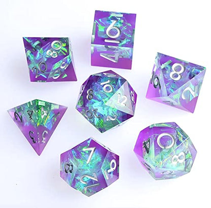 Sharp Edge DND Dice Set Handmade 7 Accessories Dice for Dungeons and Dragons TTRPG Games, Multi-Sided RPG Polyhedral Resin Sharp Edge Dice Roleplaying Games (Purple Green) - color: Purple Green