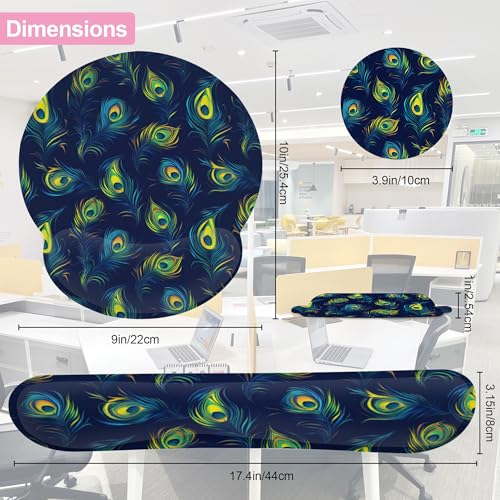 Blue Peacock Feather Keyboard Wrist Rest Pad and Mouse Pad Wrist Support Set,3-in-1 Ergonomic Mouse Pad with Non-Slip Rubber Base for Home Office Game Computers Desk, - color: Blue Peacock Feather