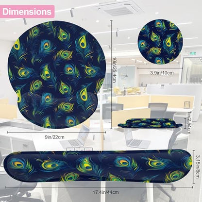 Blue Peacock Feather Keyboard Wrist Rest Pad and Mouse Pad Wrist Support Set,3-in-1 Ergonomic Mouse Pad with Non-Slip Rubber Base for Home Office Game Computers Desk, - color: Blue Peacock Feather