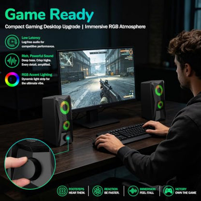 RGB Computer Speakers for PC Gaming, 6W Stereo Desktop Speakers with 16.7M Color Lighting, USB Powered 2.5" Driver Computer Speakers for Monitor, Laptop