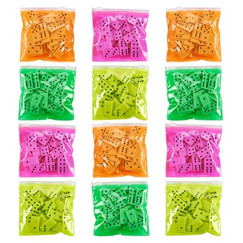 Playbees Domino Game Set Pack of 12 Each Bag includes 28 Pieces of Dominoes Set Comes with Colorful Bags Neon Pink Yellow Green and Orange - Awesome Party Favor, Educational Toys Adults & Teens