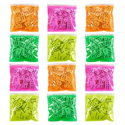 Playbees Domino Game Set Pack of 12 Each Bag includes 28 Pieces of Dominoes Set Comes with Colorful Bags Neon Pink Yellow Green and Orange - Awesome Party Favor, Educational Toys Adults & Teens