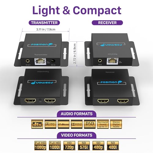 Fosmon HDMI Extender Over Single Cat5/6/7 Cable up to 164-230ft, Splitter with Auto EQ, POC, 1080P 60Hz and IR Remote Control