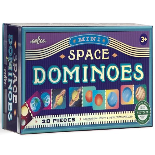 eeBoo Space Mini Dominoes Game - 28 Piece Planet Themed Set, Silver Holographic Foil Tiles, Tile Laying Matching Game, Screen-Free Fun, Kids Ages 3+ - style: Space