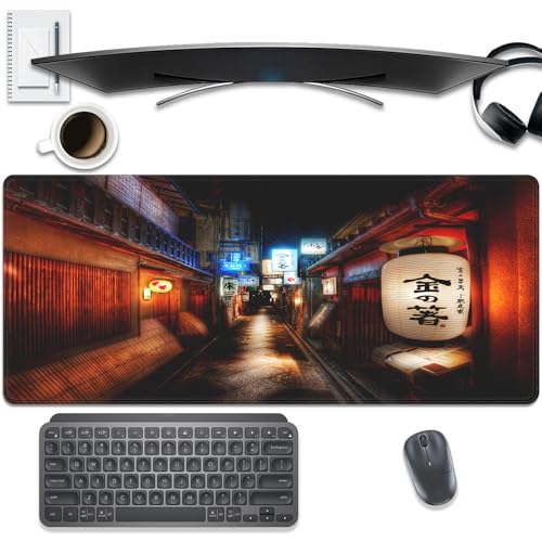 Japanese Street Lantern Large Mouse Pad Desk Pad, 27.5x11.8in Tokyo Night Scene Extended Keyboard Mousepad with Stitched Edges, Non-Slip Waterproof Rubber Base for Office, Computer, Laptop & Home - color: Japanese Street Scene at Night