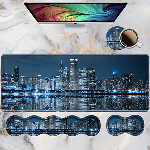 Ergonomic Keyboard Wrist Rest & Mouse Pad Wrist Rest Set, Large XXL Gaming Desk Mat 31.5"x 11.8", Non-Slip Base, Memory Foam, Easy Typing Pain Relief for Office & Home, Chicago Skyline Night View - color: Chicago Skyline Night View