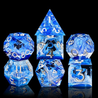 AUSTOR 7-Die DND Dice Set Handmade Sharp Edge Polyhedral Dice for Dungeons and Dragons D&D RPG MTG Table Games（Blue & Wave, Silver） - color: Blue & Wave，silver
