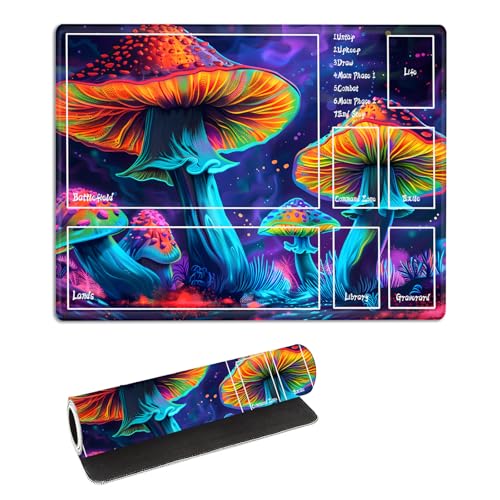 for MTG Playmat with Zones Storage Bag,for TCG Playmat and Playing Card Mat for Magic Board Games, Colorful Moushroom Non Slip Stitched Edges Game Mat, Rollable Foldable Card Play mats - color: Colorful Moushroom, size: With Zone 17.32''x13.78''