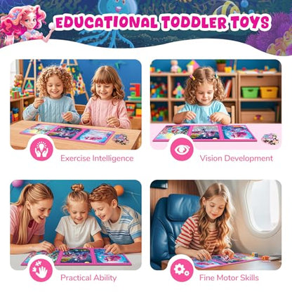 Magnetic Jigsaw Puzzles for Toddlers Kids 3-8 Girls,(3 36-Pieces) Travel Puzzles Toys for Kids Ages 4-6,Take-Along Car Airplane Road Trip Activities Game for 3 4 5 6 7 8 Year Old Birthday Gift,Mermaid - style: Mermaid Princess