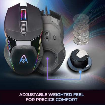 Adesso iMouse X5 USB RGB Illuminated Gaming Mouse, 7 Buttons | Adjustable Weight, 6 Level DPI Switch up to 6400, Ergonomic Design for Right-Handed Gamers, Multi-Color LED Backlight