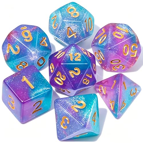 QMAY DND Dice Set -D&D Polyhedral Dice (7 Pcs) for Dungeons and Dragons (Purple Light Blue Glitter) - color: Purple Light Blue Glitter