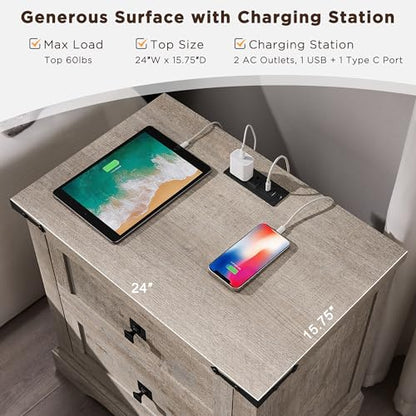 T4TREAM 24" Farmhouse Nightstand with Charging Station, Light Rustic Oak | End Table, 2 Large Storage Drawers, Rustic Wood Sofa Bedside Table, Bedroom, Living Room - color: Light Rustic Oak, size: 24"W*15.75"D*24"H