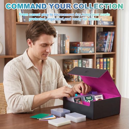 Trading Card Storage Box, Holds 1800 Sleeved Card, PU Magnetic Closure | 200 Toploaders and 600 Penny Sleeves INCLUDED, 10 Dividers and 6 Foam Stoppers INCLUDED, Fit for MTG, TCG and Sports Cards - color: Black and Fuchsia