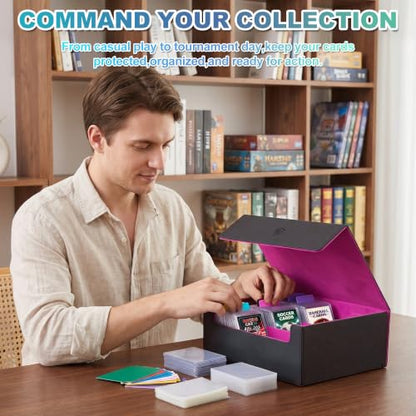 Trading Card Storage Box, Holds 1800 Sleeved Card, PU Magnetic Closure | 200 Toploaders and 600 Penny Sleeves INCLUDED, 10 Dividers and 6 Foam Stoppers INCLUDED, Fit for MTG, TCG and Sports Cards - color: Black and Fuchsia