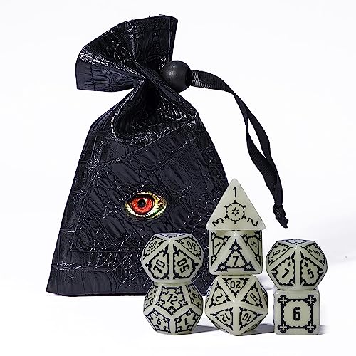 cusdie 25mm Giant DND Dice Glow in The Dark, 7 Pcs Luminous Polyhedral Dice Set, Glowing D&D Dice with Dragon Eye Dice Bag for Pathfinder RPG(Glow in The Dark) - color: Luminous