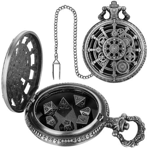 Mini DND Dice Set with Steampunk Dark Silver Hollow Gear Pocket Watch Shell Case, 7pcs Polyhedral Metal D&D Dice, DND Gifts with Gift Box for DND Lovers, Role Playing Board Games Accessories - color: Dark Silver