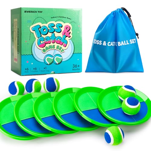 Toss and Catch Ball Game Set, Upgraded Sticky Paddle Ball Set for Kids & Toddlers, Sturdy & Water-Resistant Outdoor Backyard Beach Pool Toy, Birthday Gift for Boys Girls Ages 3-12 - color: Blue Green, size: 6 Paddles 6 Balls