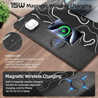 Magnetic Wireless Charging Mouse Pad, 31.5"x15.8" XXL Desk Mat | Gaming Mousepad, Ultra-Smooth Surface, Non-Slip Rubber Base, Waterproof Computer Keyboard Pad, Black and Topographic Line - color: Black and Topographic Line - 31.5"x15.7"