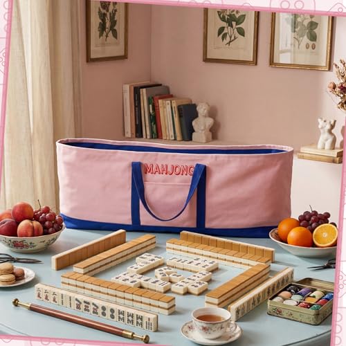 Mahjong Bag for Tiles and Racks Empty American Mahjong Tiles Carrying Tote 31.5 x 12 x 4 Inch Canvas Tile Game Accessory Gift for Pusher Rack Mat Carrying, Case Only(Pink and Dark Blue) - color: Pink and Dark Blue