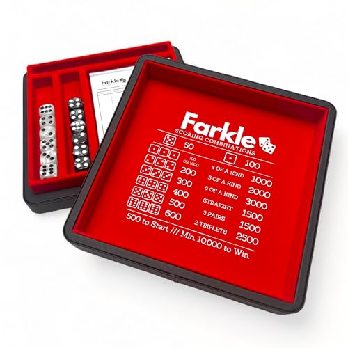 Luck Lab Farkle Dice Tray and Storage Case - Includes Embedded Scoring Combinations, 2 Sets of 6 Pearl Dice, 40 Sheet Score Pad and Pen Holder for The Classic Family Game (Red) - color: Black and Red