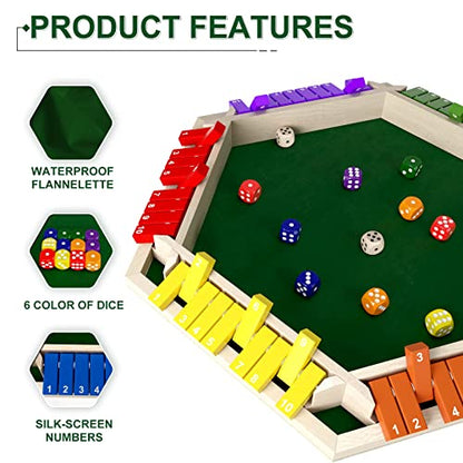 1-6 Players Shut The Box Dice Game, Wooden Board Table Math Game with 16 Dice, Classics Tabletop Version Games for Kids Adults, Family,Classroom,Home,Party or Pub - color: Multicolor