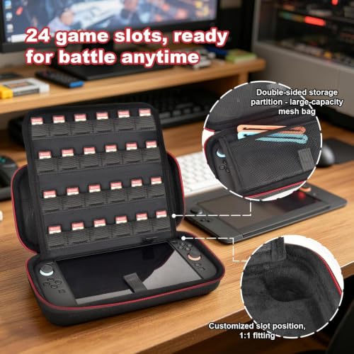 Ordlyne Felt Carrying Case for Nintendo Switch 2 with 24 Game Card Slots | Fitted console compartment, plush lining, screen divider and mesh pockets organize cables and accessories. Black, Case Only