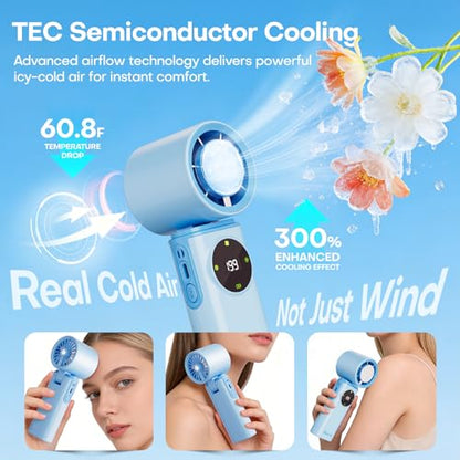 6000mAh Portable Handheld Fan with Ice Cooling, 199 Levels Stepless Speed, 20H Long Battery Life, 20000RPM Turbo Fan Rechargeable Personal Mini Fan for Travel, Outdoor, Makeup (Blue) - color: Blue