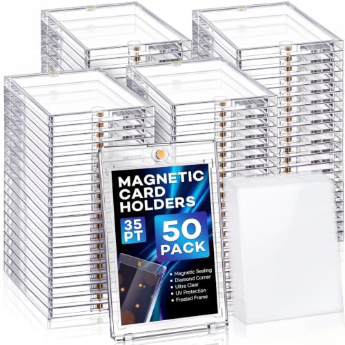 SATINIOR 50 Pcs 35Pt Magnetic Card Holders for Sleeved Cards, Fits Sleeved Card First, Inner Size 2.63''x3.74'' Clear Hard Plastic Cards Protector with 50 Sleeves for Sport Baseball Football Game