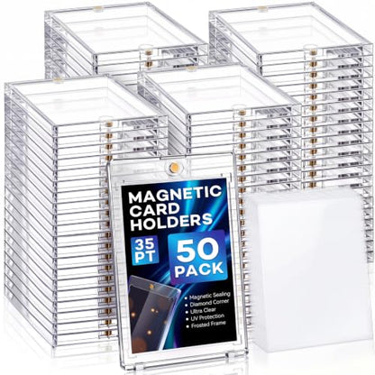 SATINIOR 50 Pcs 35Pt Magnetic Card Holders for Sleeved Cards, Fits Sleeved Card First, Inner Size 2.63''x3.74'' Clear Hard Plastic Cards Protector with 50 Sleeves for Sport Baseball Football Game