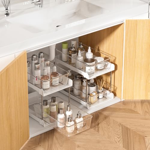 Vtopmart 2 Pack Pull Out Bathroom Under Sink Organizer (S-Standard, White) | Slide-out drawers, Multi-purpose storage, Clear visibility, Easy Set-up - color: White, size: S-Standard (2 Pack)
