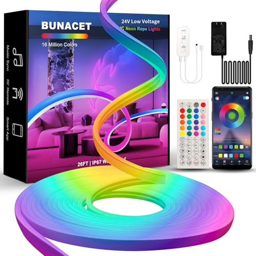 26FT LED Neon RGBIC Lights, Flexible IP65 Waterproof Outdoor LED Lights | with RF Remote & APP Control, Music Sync,DIY Design, 24V LED Strip Lights for Gaming Livingroom Wall Christmas Decor - size: Neon-RGB+IC-26ft