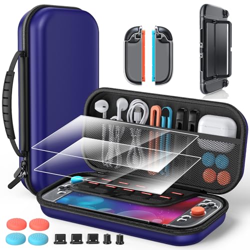 Accessories for Nintendo Switch 2 2025, Portable Hard Shell Carrying Case with 2 HD Screen Protectors (7.9 Inch), TPU Protective Skin, Dust Plugs Kit, 4 Thumb Grips – Switch 2 Accessories Bundle (Switch 2 Blue) - color: Blue